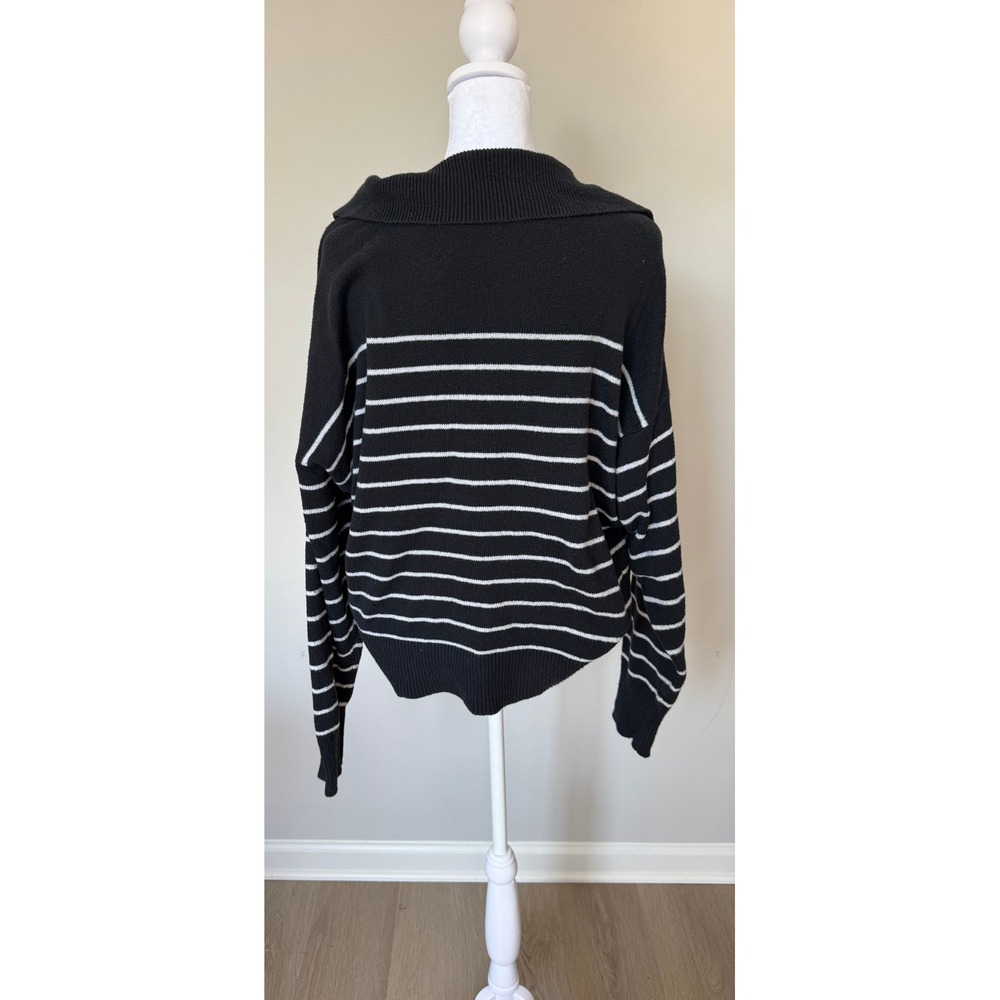 Black White‎ Striped Polo Collar V-Neck Oversized Knit Sweater Long Sleeve - Picture 2 of 9